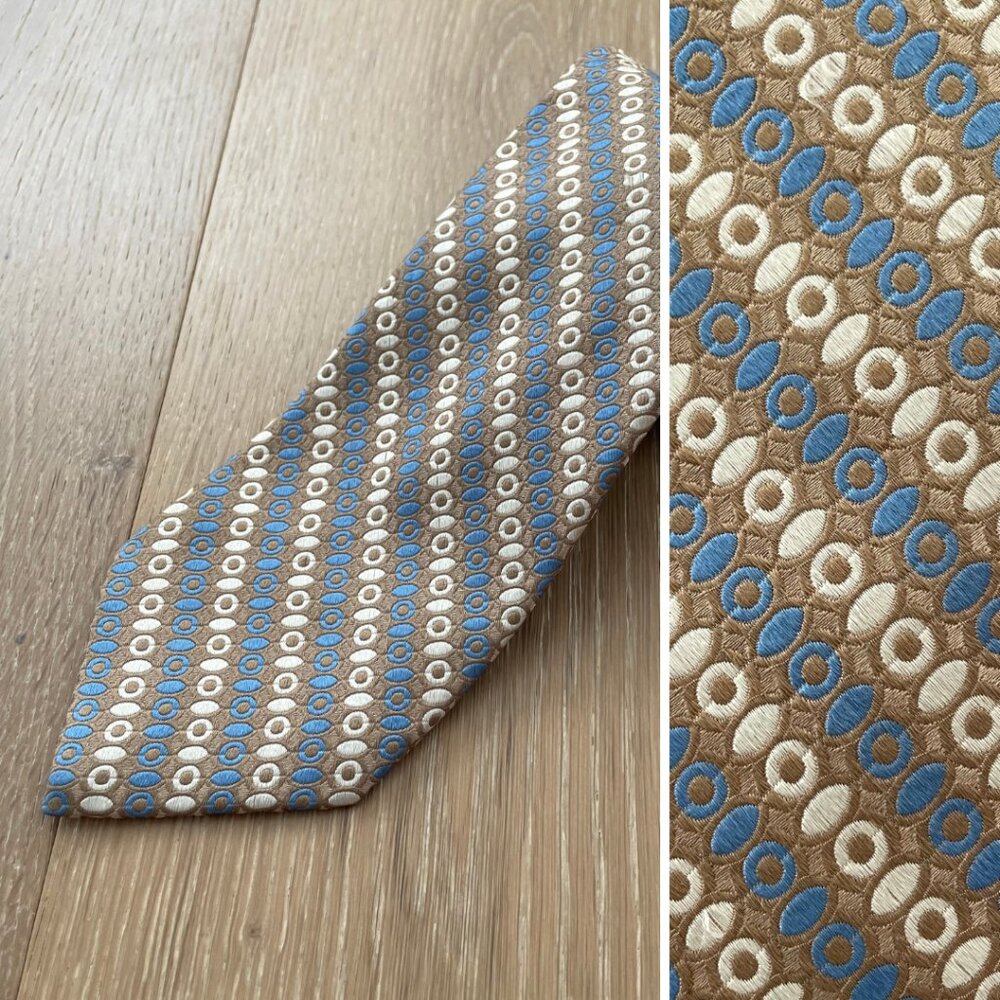 Jos. A. Bank Tie Men Necktie Wide 100% Silk Tan Blue Cream Geometric Print Italy